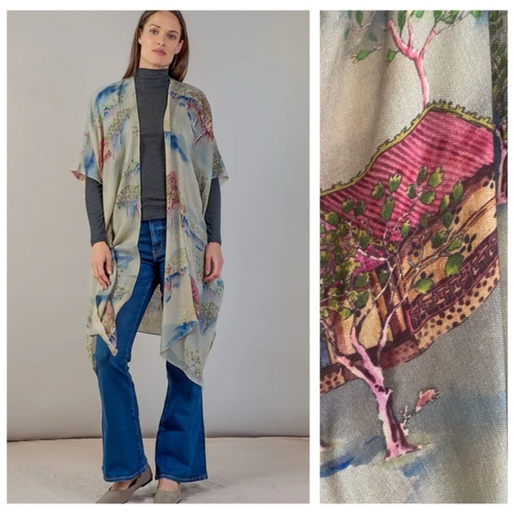 One Hundred Stars Oriental Landscape Grey Wool Throwover Poncho Shawl One Size